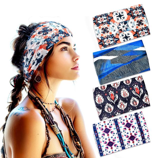 4 Pack Boho Wide Headbands for Women Fashion Knotted Headband Yoga Workout African Head Wrap