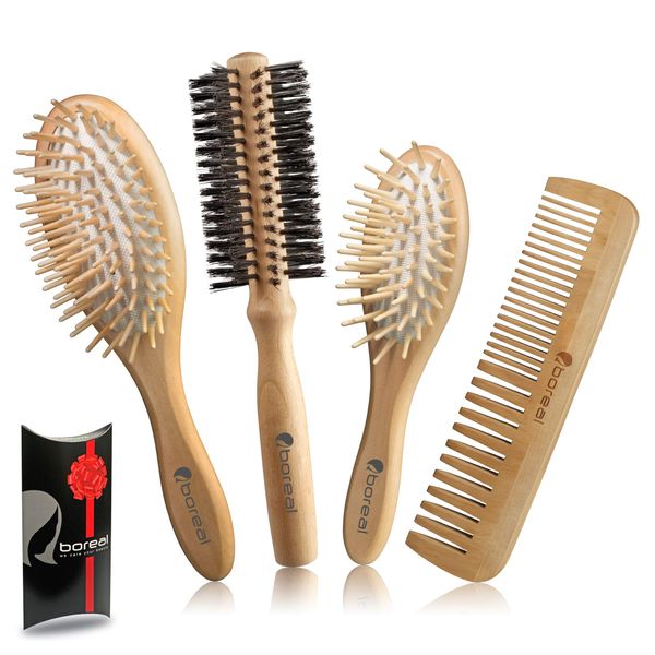 THE ORIGINAL BRUSH BOX. Hair brush set, natural wood consisting of: Pneumatic brush big model, pneumatic brush for woman purse, roller brush bristle fibres 57 mms. diameter, comb. All wrapped in an elegant gift box.