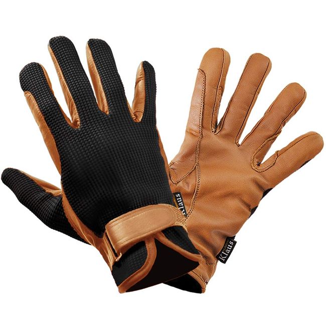 Klaus Equestrian Gloves, Waffle Leather Gloves, KE5 (Black x Caramel Brown), Genuine Leather, Black (M)