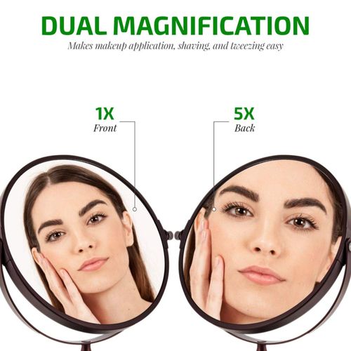 OVENTE 7'' Tabletop Vanity Makeup Mirror, 1X & 5X Magnification, Spinning Double Sided Round Magnifier, Ideal for Dressers, Vanity, Office & Bathroom, Antique Bronze MNLDT70ABZ1X5X