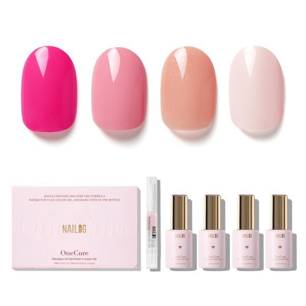 NAILOG Gel Nail Polish Set - 4 Colors Top Coat Color Gel Base 3-In-1 Soak Off UV Gel Polish Kit for Home DIY & Birthday Gifts for Women,Pinkcess