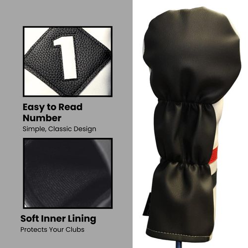 Majek Retro Golf Headcover White Red and Black Vintage Leather Style 1 Driver Head Cover Fits 460cc Drivers Classic Look