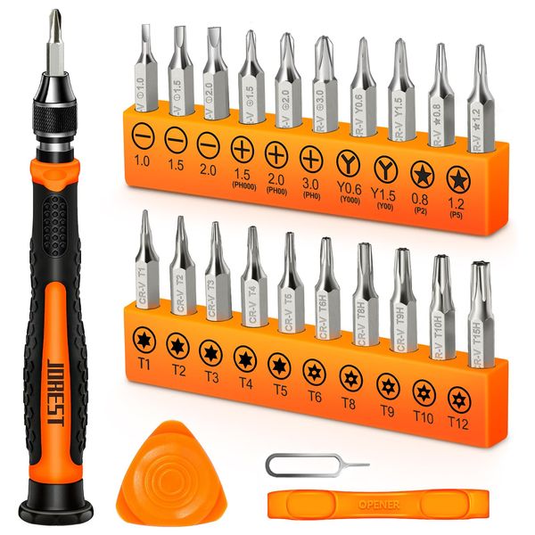 JOREST 24Pcs Precision Screwdriver Set, Tool Kit with Torx T1 T2 T3 T5 T6 T8 T9 T15, Triwing Y00, Star P2/P5, Phillips PH00, -1.5/2.0, etc, for PS4, Switch, Ring Doorbell, Xbox, Laptop, Glasses, Watch