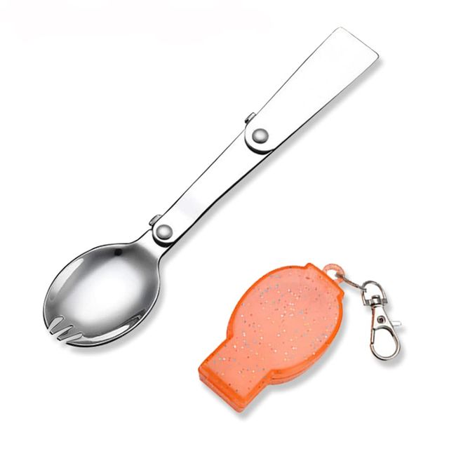 Pocket Cutlery Portable Spoon Fork Folding Stainless Steel Key Chain (Orange)