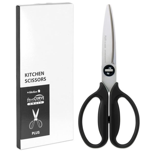Plus Kitchen Scissors, Disassembly, Dishwasher Safe, Fit Cut Curve, Black, Continuous Sharping, Paper Box Packaging 35-719