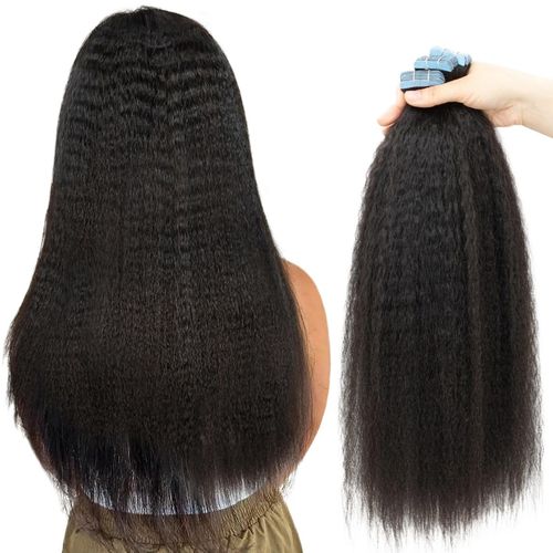 ISHEENY Tape Extensions, Kinky Straight Real Hair, Natural Black, Remy Hair Extensions, Real Hair, 50 cm, Tape in Silky Straight, Invisible Tape-In Extensions, Real Hair, 20 Pieces, 50 g