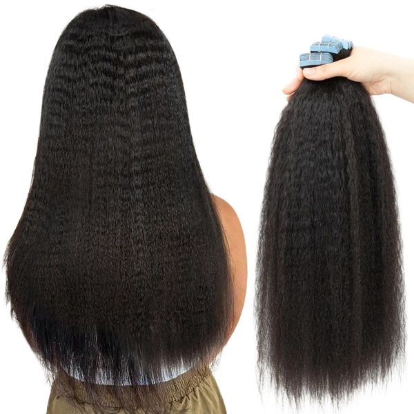 ISHEENY Tape Extensions Kinky Glatt Echthaar Natürliches Schwarz Remy Haarextension Echthaar 50cm Tape in Seidig Glatt Invisible Tape in Extensions Echthaar 20pcs 50g