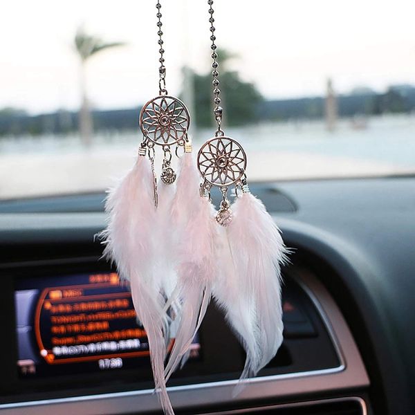 Mini Dream Catcher, Small Handmade Dreamcatcher Wall Hanging Feather Decoration Home Decor Car Charms Accessories for Birthday Festival Craft Gift (White)