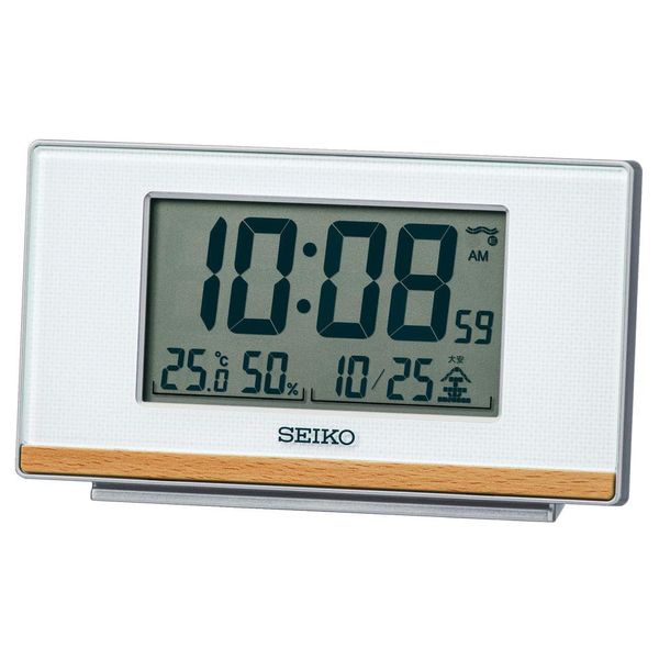 Seiko Clock SQ793W Table Clock, White Pearl, Body Size: 3.1 x 5.3 x 1.5 inches (7.8 x 13.5 x 3.8 cm), Alarm Clock, Radio Wave, Digital, Step-Down Snooze