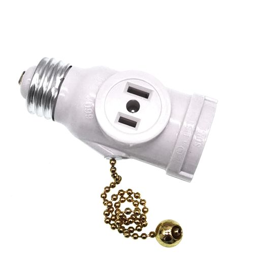 E26 to 2 Outlet Socket Adapter Light Holder Splitter,UL Listed Standard (Medium) E26 Base Light Bulb to 2-Prong Outlet Plug Splitter Converter,Pull Chain Switch (1-Pack,White)