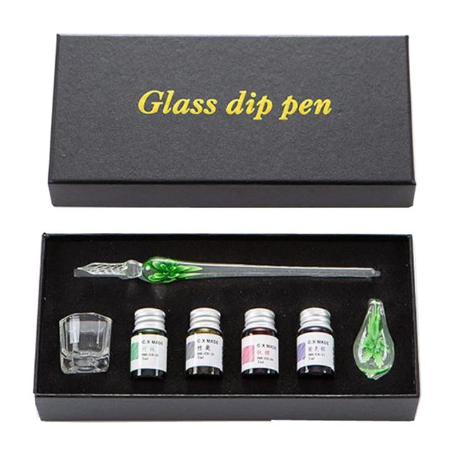 Suitcase Company GPT Glass Pen Ink Set, 4 Colors, Pen Holder, Stylish, Dip Pen, Ink Set, Art, Glass Pen, Writing, Stationery, Letters, Calligraphy, Green