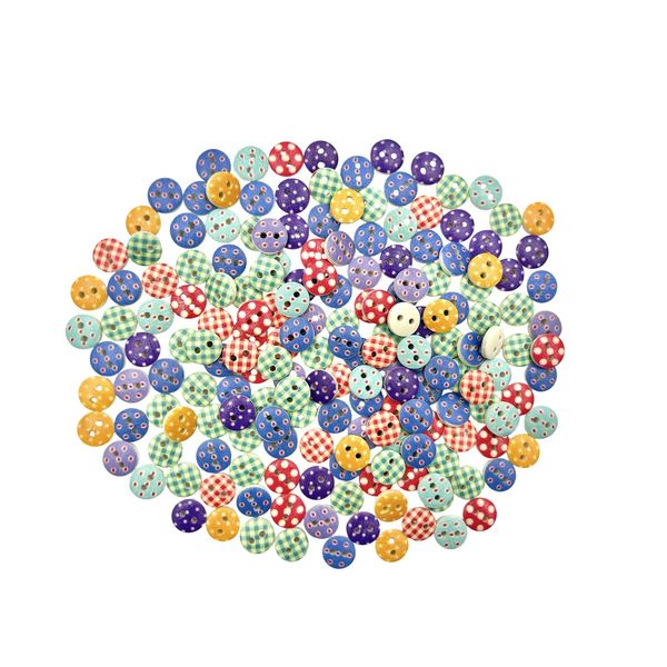 Decorative Wooden Tiny Buttons, 200-Pack, Round Mixed Colors, 3/8 Inch,10mm Polka Dot and Gingham Patterns