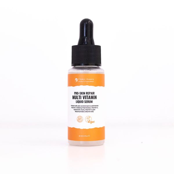 Pro-Skin Repair Multi Vitamin Liquid Serum infused Vitamin A, C E, Niacinamide, hyaluronic acid and sun flower seed oil to promot skin cell regeneration, target hyperpigmentation and boost collagen