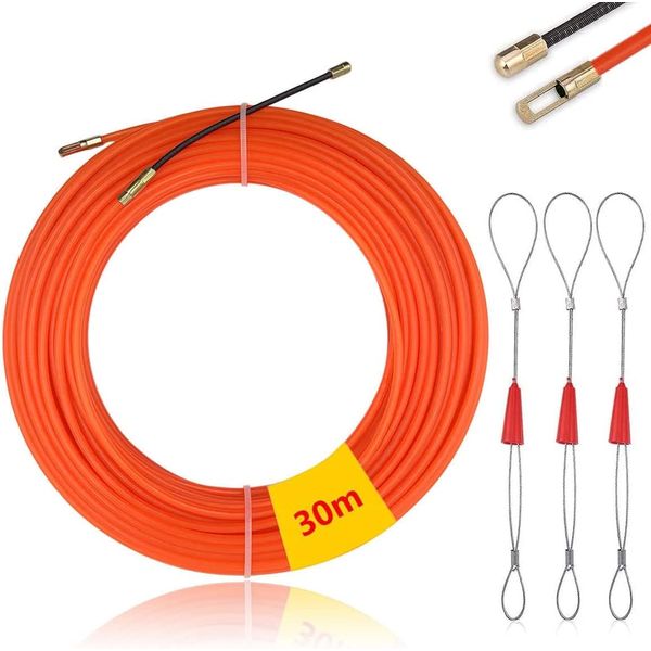 Mis.Moon 30M Fish Tape Wire Puller Through Wall with 3 Metal Lock Wires, Φ4mm Cable Running Puller Rods, Electrical Wire Threader Puller for Communication Cable, Wall, Floor Duct (Orange)