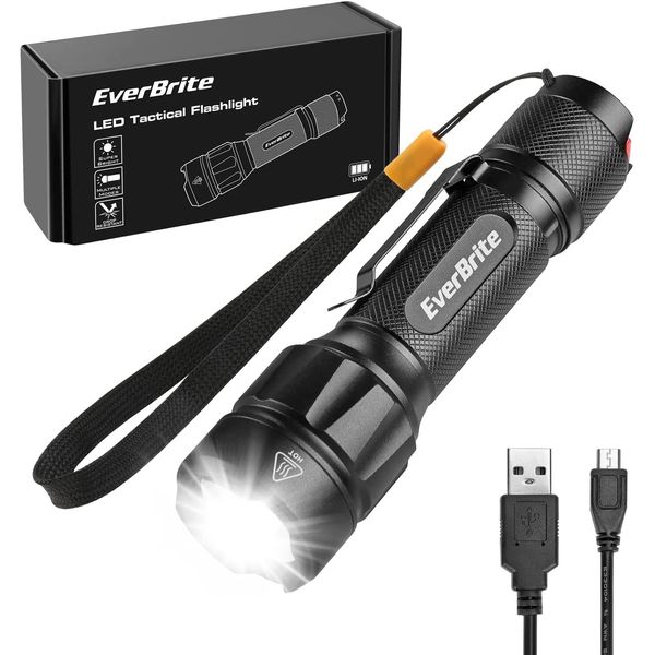 EverBrite LED Tactical Flashlight Rechargeable High Lumens with Lanyard & Clip