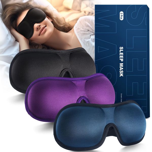 Sleep Mask, Eye Mask 3 Pack,100% Blackout 3D Eye Mask for Sleeping, Night Blindfold for Men and Women. (Black)