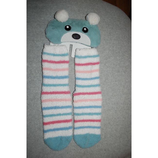 Sleep Eye Mask & Fuzzy Cozy House Socks BEAR FACE W/ POM POM EARS Blue STRIPES