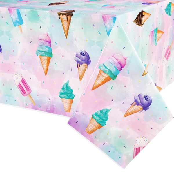 WERNNSAI Ice Cream Party Tablecloth - 2 PCS Ice Cream Party Decorations for Kids Party Supplies Plastic Waterproof Tablecloth Disposable Table Cover for Girls Kids Sweet Birthday Party 54’’ X 108’’