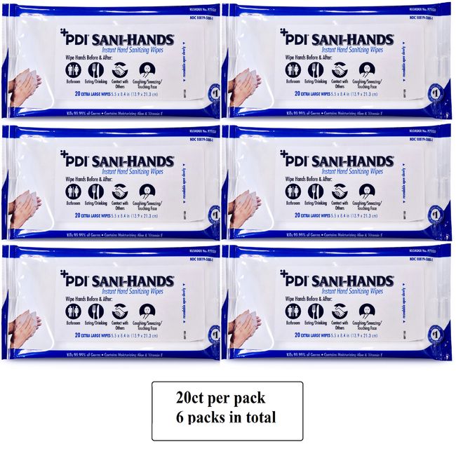 PDI SANI-HANDS Instant Hand Sanitizing Wipes 20 Extra Large Wipes per pack (6pk)