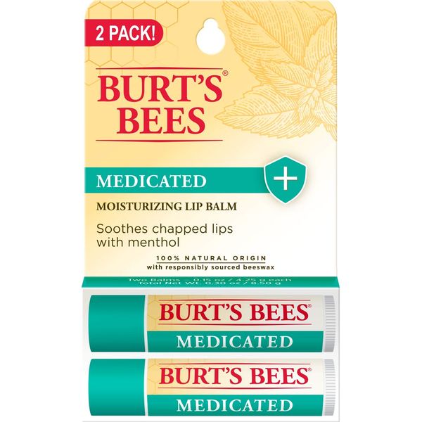 Burt's Bees Lip Balm Stocking Stuffers, Moisturizing Lip Care Christmas Gifts, for Dry Chapped Lips, All Natural, Medicated with Menthol & Eucalyptus (2 Pack)