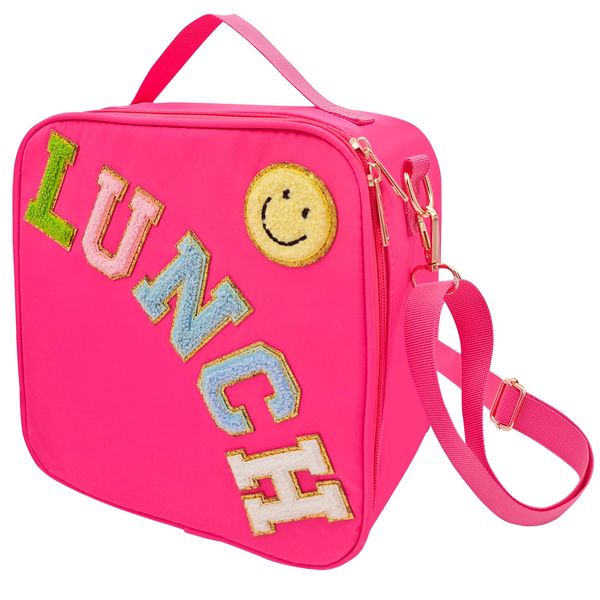 Insulated Lunch Bag With Adjustable Shoulder Strap, Nylon Preppy Lunch Box Large Insulated Lunch Bag Reusable Lunch Tote Bag with Smiley Preppy LunchBag for Girls School Travel Picnic (Pink)