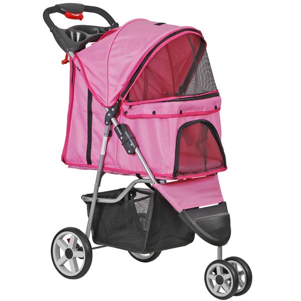 Dog Stroller 3 Wheels Foldable Cat Pet Jogger Stroller w/Cup Holder+Basket Pink