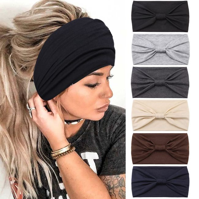 QUEXIAOMIN Headbands for Women, 6 PCS Wide Boho Headbands Elastic Bandana Non Slip Sweat Fashion Large Headwraps Hair Bands Headwear fit All Head Sizes for Workout, Sports, Running, Yoga