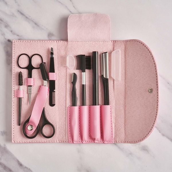 8-Piece Eyebrow Shape and Trim Set - Eye Brow Shaping & Styling Tool Grooming Beauty Kit with Pink Travel Wallet, Includes 2 x Scissors, 2 x Shavers, Comb, Pencil, Brush & Tweezers – H2.5 x W17 x D5cm