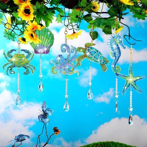Tradder 6 Pcs Summer Diamond Art Kits for Adults Sea Ocean Animals Ornaments with Crystal Pendant Diamond Wind Chimes Art Sun Catchers for Adults Kids Summer Beach Home Garden Window Decor