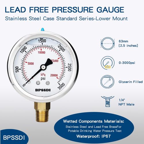 BPSSDI 0-3000 Psi Glycerin Liquid Filled Hydraulic High Pressure Gauge, 2.5" Dial Size, 1/4" NPT Lower Mount, 304 Stainless Steel Case, for Water Oil Air Gas Pressure Test