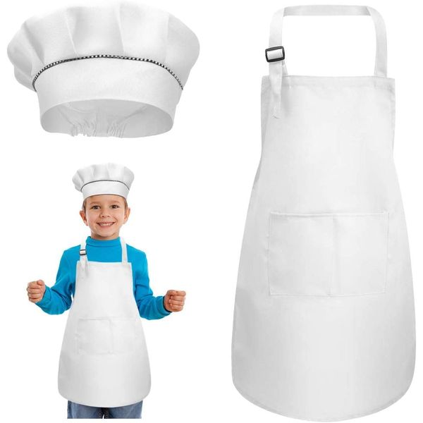 Kids Apron and Chef Hat, White Children Aprons, Adjustable Toddler Chef Aprons, Unisex Baking Apron, Child Cooking Bib Apron with 2 Pockets For Age 3-6 Years.Kids Artist Aprons (1 Set M)