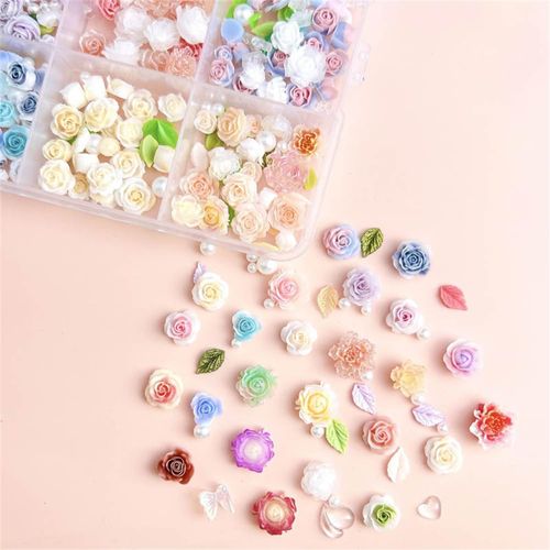 DUOLEIMI Nail Parts Flower Ribbon Nail Art Deco Parts Pearl Rhinestone Nail Decoration 3D Jewelry Parts Resin Parts Spring Accessory Parts DIY Deco Material Craft Handmade Rose (A7-15 Compartments -