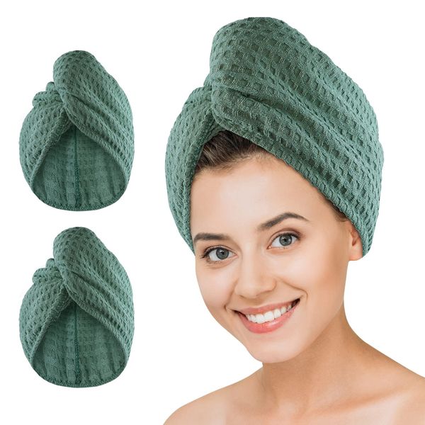 Microfiber Hair Drying Towel - 2Packs Waffle Long Hair Head Turban Wraps Terry Cloth Fast Absorbent Dry Anti Frizz Twist Plopping Curly Shower Turban for Women Wet Hair (Green)