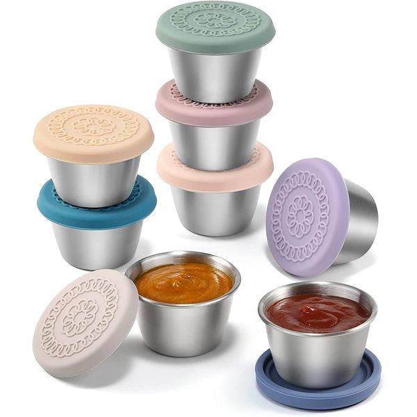 8P Salad Dressing Pots To Go Food Container Sauce Pots With Leakproof Silicone Lid,2.4oz Small Condiment Containers,Reusable Round Stainless Steel Sauce Cups Dips for Lunch Bento Box,Picnic and Travel