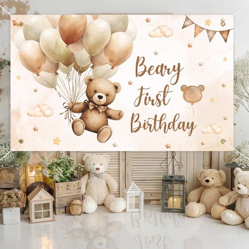 Beary First Birthday Decorations Backdrop, 1st Teddy Bear Party Birthday Decorations Banner for Boy, 3Ft x 5Ft