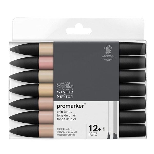 Winsor & Newton, Promarker, Skin Tones Set, Set of 12 + 1 Blender, Alcohol Based Dual Tip Marker