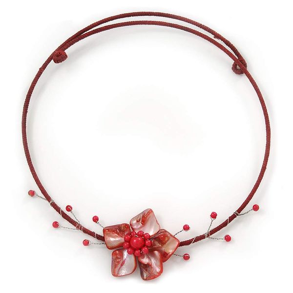 Avalaya Red Shell Beaded Flower Pendant Flex Wire Choker Necklace - Adjustable