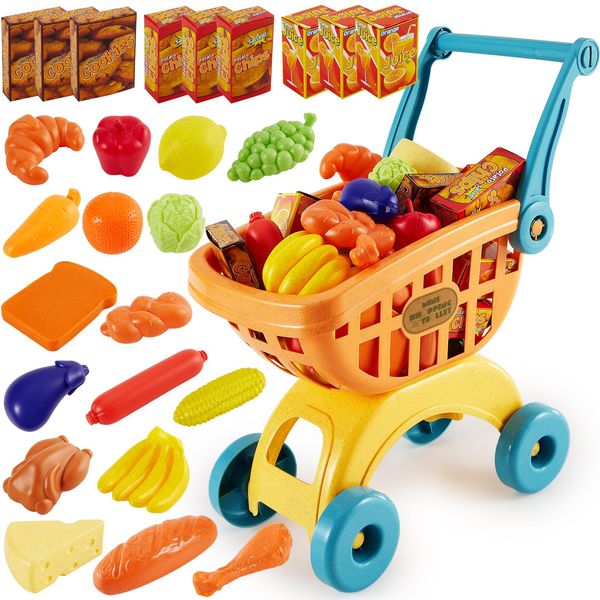 BUYGER Kids Shopping Trolley Cart Toy with Pretend Play Food Toys Set Fruit and Vegetables Kids Kitchen Accessories Supermarket Shopping Toys Gifts for Kids Children Age 3 4 5 Years Olds