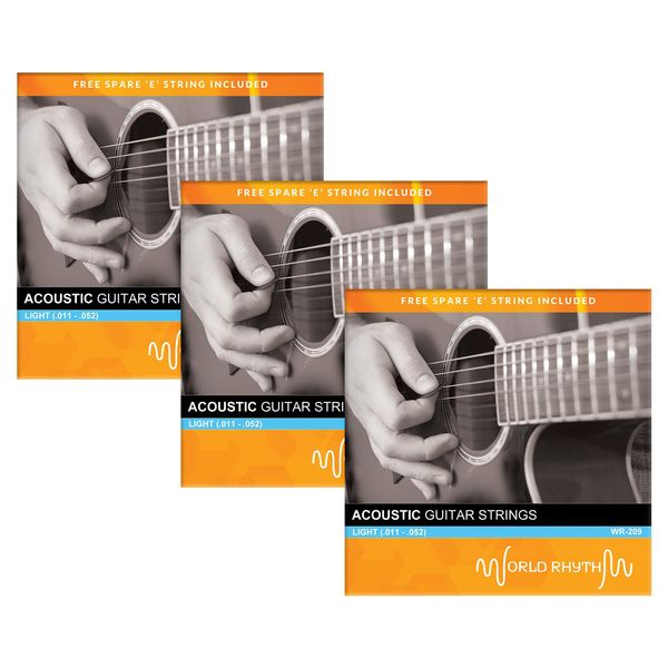 World Rhythm Acoustic Guitar Strings - Light (.011 - .052) Gauge Strings with Spare High 'e' Strings - 3 Pack