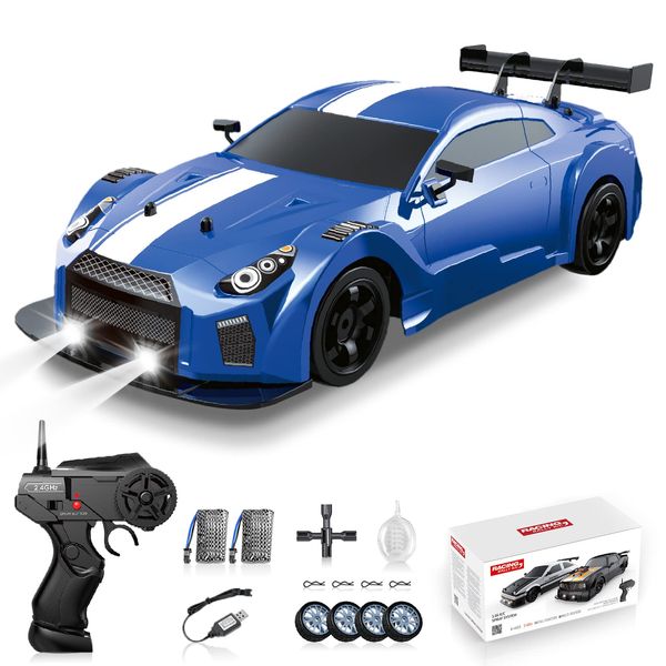 Sakeye Remote Control Car 1/16 2.4GHz 4WD RC Drift Car, Rechargeable 18KM/H+ High Speed RC Cars Racing Car with Spray, Cool Lights, Two Batteries and Extra Tires Toy Car for Kids