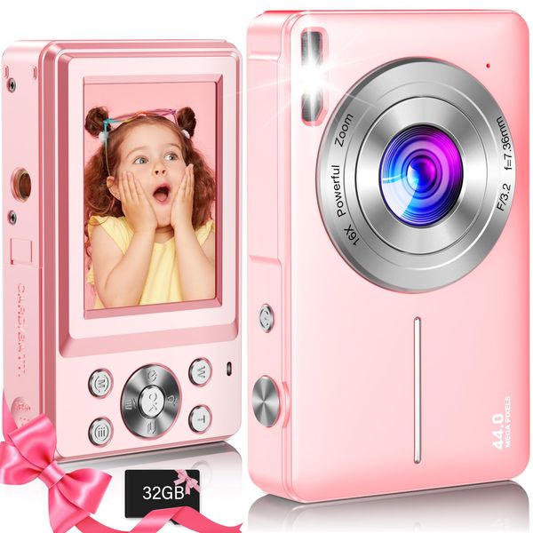 Digital Camera 2024 Newest FHD 1080P 44MP Cameras for Photography, Point and Shoot Digital Camera for Kids with 32GB Card, 16X Zoom, Anti-Shake, Compact Small Travel Camera for Girls Boys Teens Kids