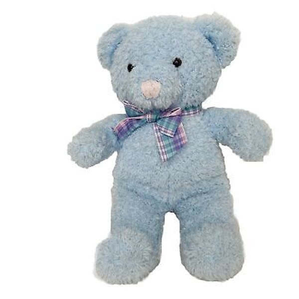 Russ Sprinkles Blue Teddy Bear Baby Rattle 10" Soft Toy Small Plaid Bow Pastel