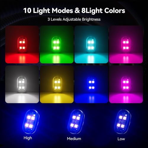 2025 Upgraded Wireless Strobe LED Lights for car with Remote Control, 8 Colors USB Charge high Brightness led Light IP65 Waterproof Anti-Collision for Car Drone Truck Motorcycle Aircraft Bike(2Pcs)