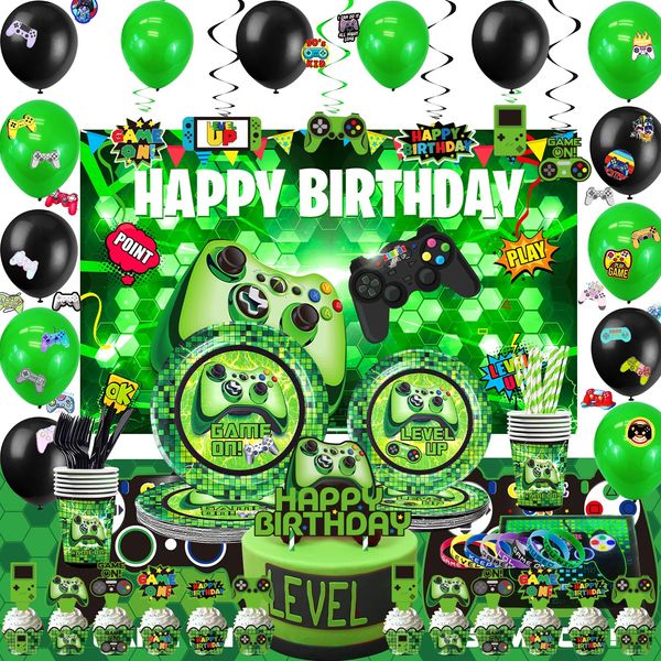 Green Gamer Birthday Party Decoration - 217Pcs Video Game Gaming Party Supplies For Boys Birthday Party - Backdrop, Table Cover, Plates, Cups, Napkins, Utensils, Hanging Swirls, Cupcake Topper, Cake