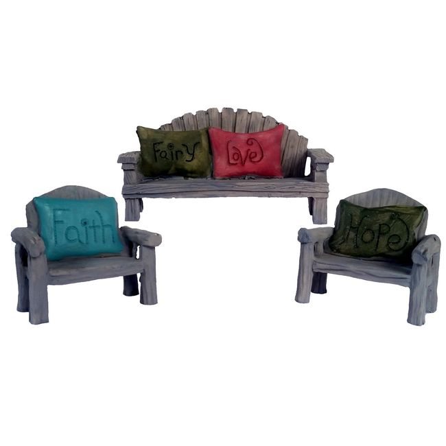 Fairy Garden Seating Chairs and Bench, 3 Piece Set with Fairy Faith, Hope and Love Pillows (3)