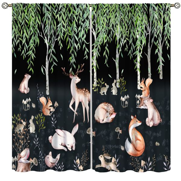 SENRUEGT Forest Animal Curtains, Watercolor Cartoon Woodland Plants Animals Bears Moose Mushrooms Printed Curtains for Kids Boys and Girls Bedroom Window Drapes 42x63in, Style-9