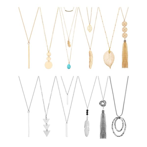 Hicarer 12 Pieces Long Pendant Necklace Set Y Tassel Leaf Circle Bar Necklace for Women (Tassel)