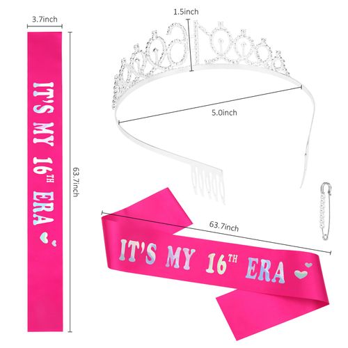 YARIEW Sweet 16 Sash and Tiara Set, Sweet 16 Birthday Decorations for Girls, Birthday Crown and Birthday Era Sash, 16th Birthday Gifts for Girls, Sweet Sixteen Gifts for Girls, Hot Pink