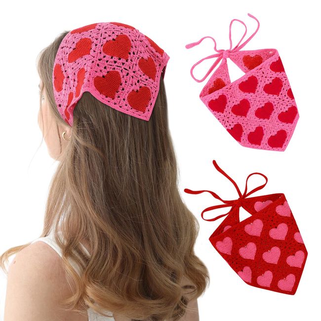 DOCILA Crochet Bandana Headbands Women Cute Hearts Pattern Knit Kerchief Tie Back Hair Head Scarf 2 Pcs Neckerchief Wrap Scarves Hot Pink Red Valentine's Day Gift Accessories