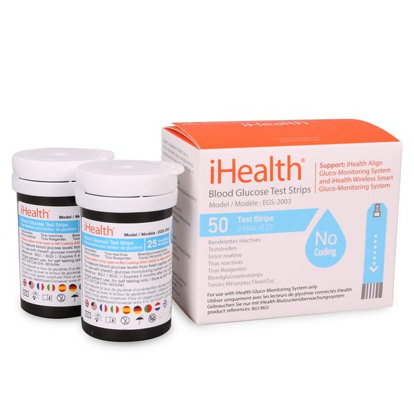 iHealth Blood Glucose Test Strips (50 Count), No Coding Blood Sugar Test, Eligible for FSA Reimbursement, Precision Sugar Measurement for Diabetics, Strips Work Only in iHealth Glucose Meters